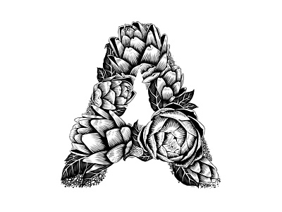 A for Artichoke black and white custom art digital lettering experimental typography