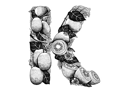 K for Kiwi black and white custom art digital lettering experimental typography