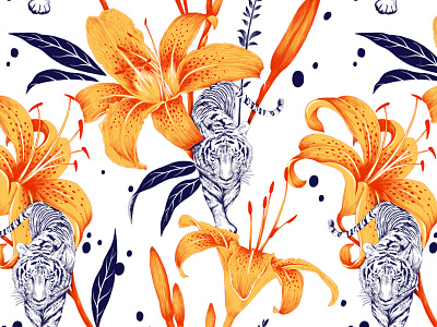Tigerlily pattern botanical illustration custom art illustration lettering moth pattern print texture