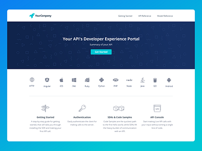 Developer Experience Portal - Landing Page api api docs code sample customizable developer docs experience home page landing page portal sdk ui ux