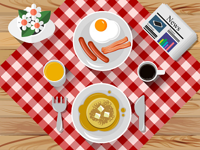Do you want a delicious breakfast? bacon breakfast coffee eggs flowers gourmet illustration juice newspaper pancakes sausages vector
