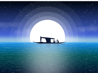 Night sky with boat silhouette background design illustration vector