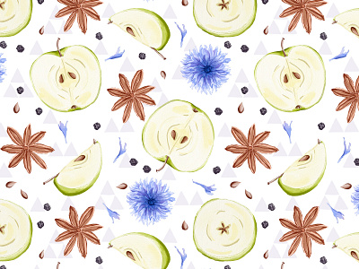 Apples and Anis watercolour seamless pattern anis apple black pepper cornflower digital watercolor food illustration magazine pattern procreate seamless tea watercolor