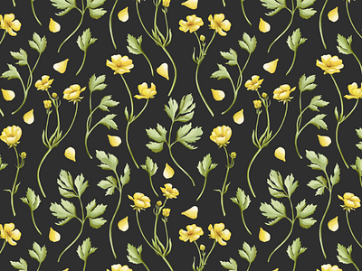 Watercolour buttercup flower fabric seamless pattern