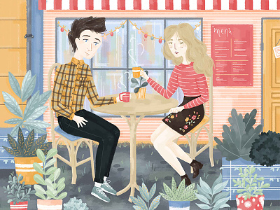 Cafe Date cafe coffee couple date illustration pastel plants