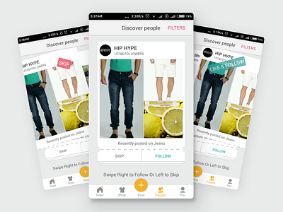 Roposo people tab card follow interaction roposo skip swipe ticket tinder ui ux visual