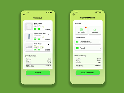 Checkout and Payment Method Page Design (DailyUi #002) app design figma green illustration typography ui