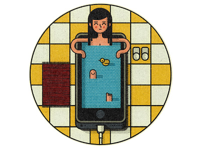 Relaxing In Phone bath cell editorial illustration mobile print vector