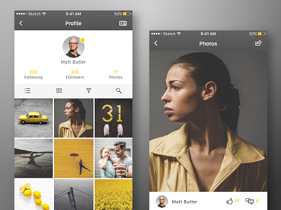 Photo App Concept - iPhone 7 clean. iphone7 modern photo photograph profile sketch ui ux yellow