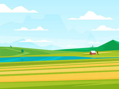 Farm on summer art blue blue sky farm flat green house illustration summer