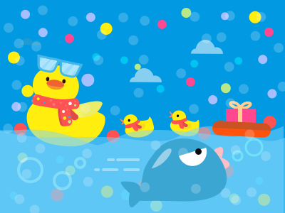 Mother Duck and Her Two Little Baby Ducklings babies christmas cute duckling fish illustration red scarf swim swimming water