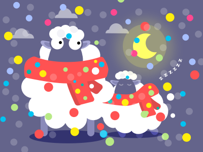 Sleep time or party time? christmas cloud cute illustration moon night red scarf sheep sleep snow white