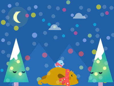 Sleep cat with his toy bird bird cat christmas cloud moon mountain night quiet sleep tree