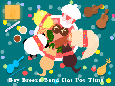 Rehearsal time or hot pot time?? cat cute drum eat guitar hotpot illustration instrument panda party rabbit violin