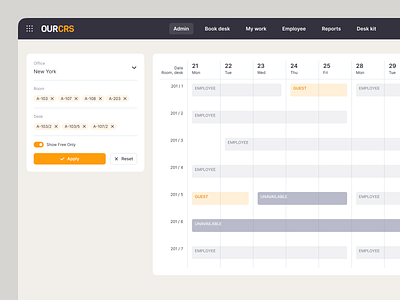 OurCRS. Admin book design desk erp filter flat planning rooms screen ui ux web