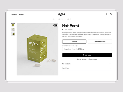 Loero. Ecommerce beauty boost design flat hair health immunity product card product description shop skin supplements ui ux web