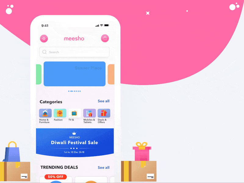 Meesho App Concept animation app branding design design app discovery ecomm ecommerc home ios listinig meesho micro interaction minimal mobile reseller sketch transition ui ux