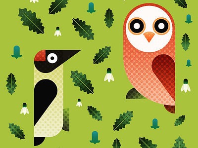 Woodpecker & Owl gradients graphic design halftone illustration illustrator sketch spring woodland