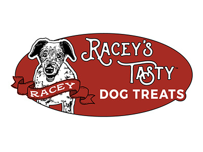 Racey's Tasty Dog Treats color dog happy logo oval red ribbon script treats two