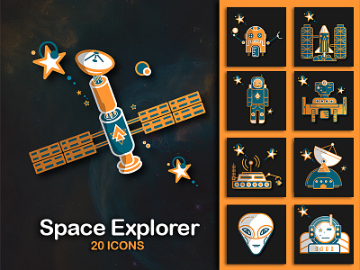 Space Explorer icons astronaut explore galaxy icons mars planets rocket rover satelite space ufo univers