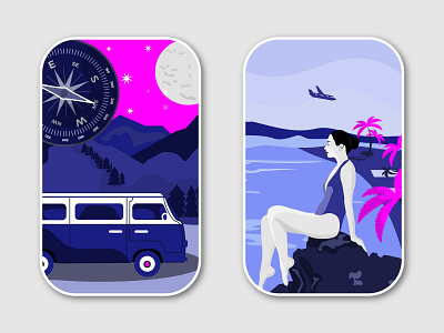 Travel Illustrations beach compass girl holidays landscape minivan moon mountain nature palm tree paradise summer swing tent travel wildlife