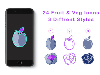 FREE - 24 Fruits & Vegetables Icons apple banana blueberry cabbage carrot fruits garlic grapes icons lemon mango melon onion peach pear pepper pineapple strawberry tomato vegetables