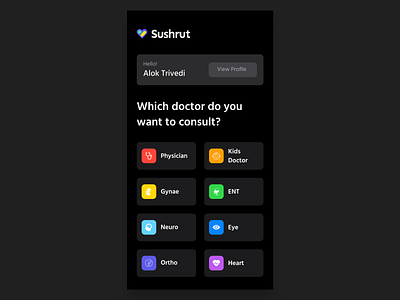 Sushrut Dark Mode dark dark mode dark ui design doctor doctor app logo sushrut ui ux video consultation app