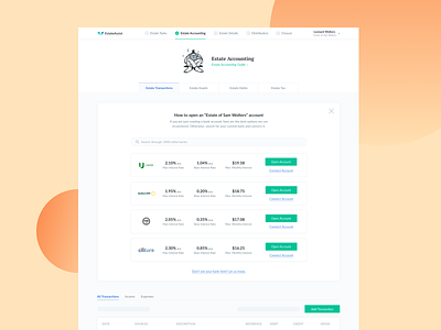 Estate Assist—Connect Bank Account account management add account bank banking connect connect account connect bank dashboard estate management saas software management strategy ui