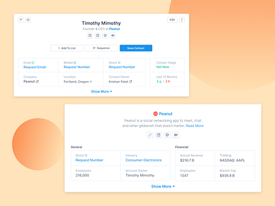 Widgets WIP apollo company details company profile company profile design crm data financial financial information hubspot outreach person profile profile profile card profile design profile page saas salesforce save contact sequence strategy