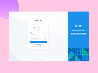 Login Page apollo connect crm download hubspot login login design login form login page login screen outreach saas salesforce sign up sign up design signup signup form signup page signup screen strategy