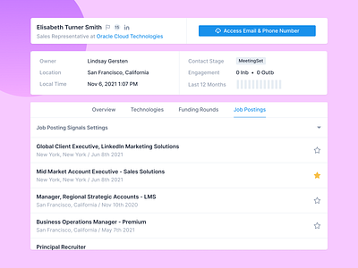 UI Cards 3 apollo contact information crm dashboard filter filters hubspot job posting lusha outreach person information profile research saas sales sales platform salesforce sequence strategy zoominfo