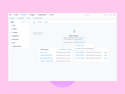 Empty State Actions apollo create create contact create user crm csv csv upload empty state empty state action empty state actions filter by filter card filters hubspot import import contacts import csv salesforce search card upload