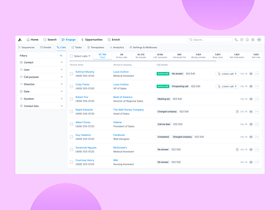 Calls table view / Exploration 2 apollo call management call table view call widget calls crm dashboard dialer filters hubspot outreach prospecting saas sales call sales table salesforce table view team management user management zoom