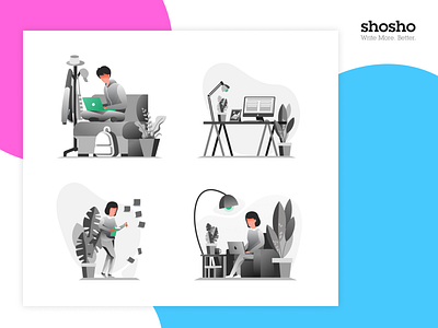 Shosho Product Illustrations account illustration brand identity branding illustration project management illustration startup startup illustration work illustration writing illustration