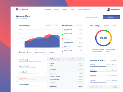 Newbook - Freelance Dashboard accounting analytics banking brand identity dashboard expenses freelance invoices revenue saas time tracking timer tracking