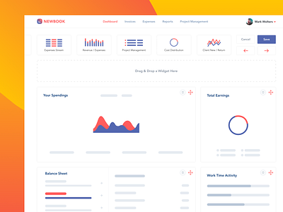 Newbook - Dashboard Customise accounting accounting software analytics branding charts curves dashboard drag and drop freelance dashboard piechart project management saas