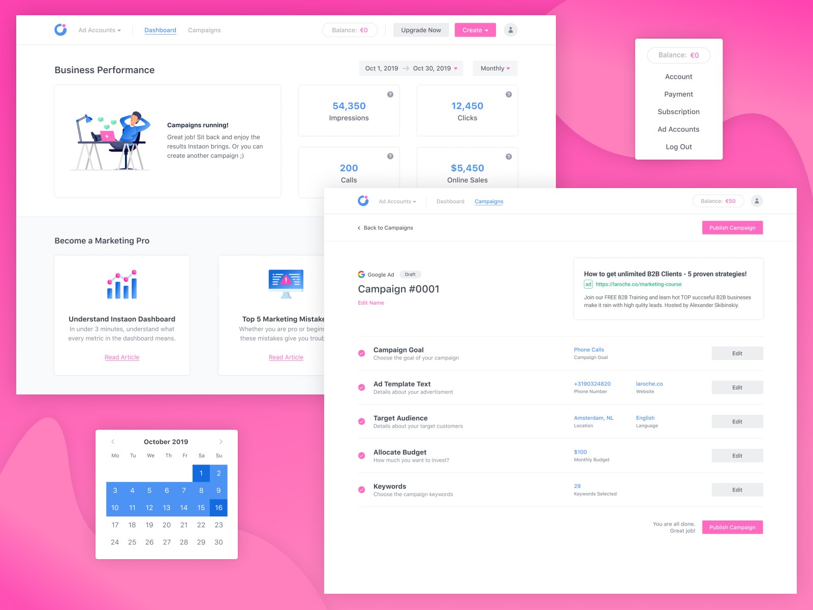 Instaon Dashboard & Campaign Summary by Eugen Eşanu on Dribbble