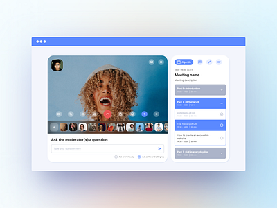 Video conference app agenda ask a question conference conference app conference tool dynamic agenda moderator online conference online meeting raise hand video app video call video calling video conference web app design web call web conference web tool web video call