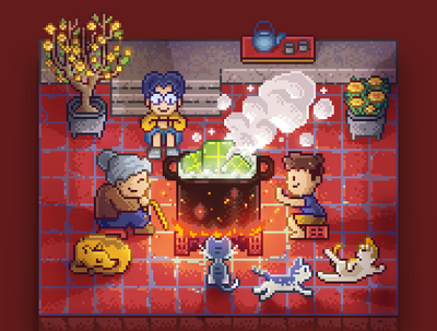 Cooking "Banh chung" for Lunar New Year pixelart