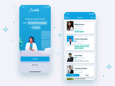 Medical appointment app appointment challenge design doctors experiment figma guided health app intro minimal mobile onboarding search search engine search results searching ui ux walkthrough