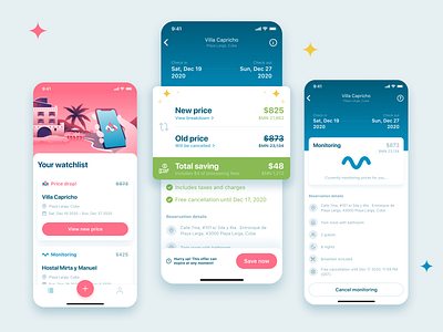Reservation monitoring - Ask Marty app booking design experiment figma holiday hotels mobile monitoring price drop reservations save savings ui ux watchlist