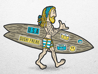 WIP T-shirt design for Sushi Freak barefoot character dreadlocks illustration surfer surfing sushi t shirt t shirt design tattoos teeshirt usa