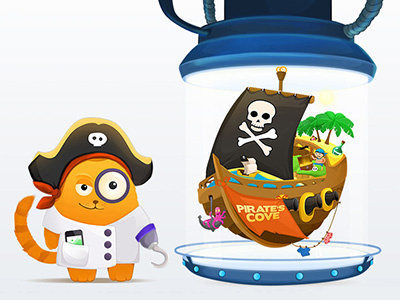 Cat and Pirate's Cove cat character cove game hat island laboratory pirate scientist slot space time machine