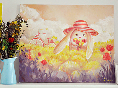 Bunny and field of flowers animal bike bunny canvas flower hat illustration oil rabbit