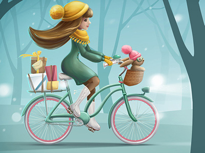 Girl riding a bicycle with bunny and gifts