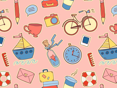 Summer Pattern background bike cute game journey letter pattern seamless ship summer trip vector