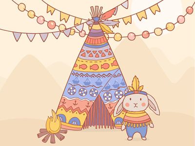 Somewhere in South America children fire funny game indian party pattern rabbit wigwam