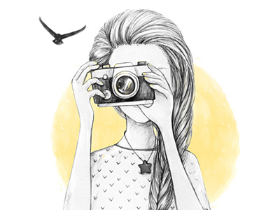 Woman with vintage camera bird camera drawing graphic hipster pencil photographer star vintage woman