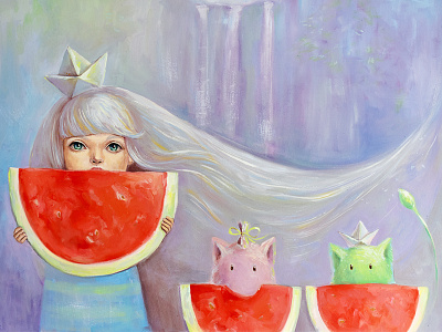 Watermelon canvas cartoon cute girl hair oil sailor ship watermelon waves