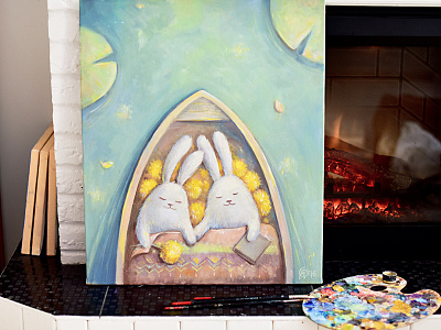 Bunnies. Oil painting artworks animal bunny fairy tale illustration love oil painting rabbit